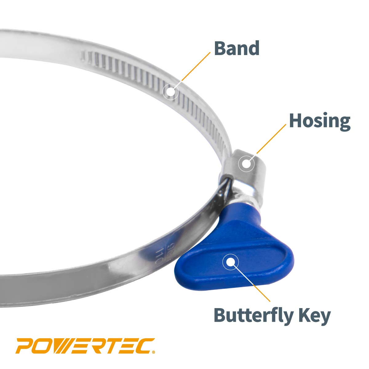 POWERTEC 70127 2-1/2 Inch Key Hose Clamp, Thumb Screw Key Adjustable Stainless Steel Hose Clamps for Dust Collection, Dust Collector and Dryer Vent POWERTEC
