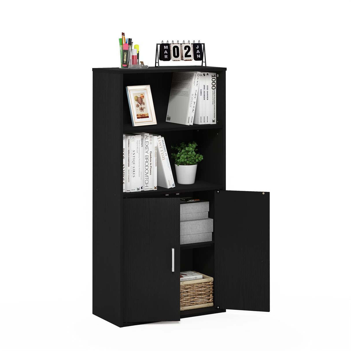 Furinno Pasir Storage Cabinet with 2 Open Shelves and 2 Doors, Black Oak Furinno