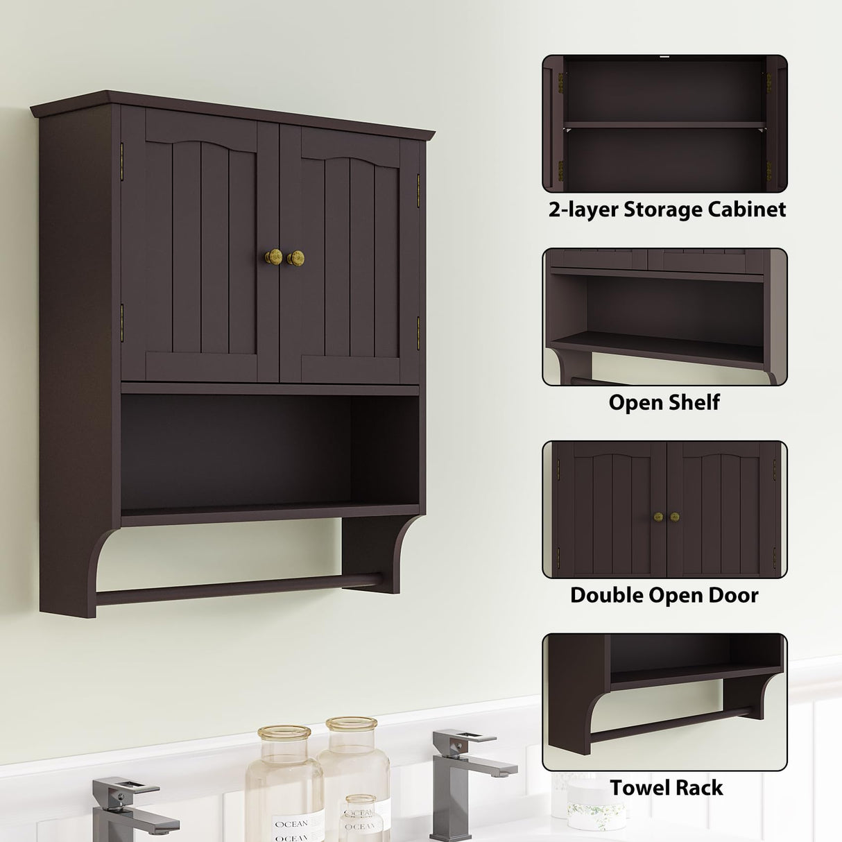 Mino Kesper Wooden Bathroom Wall Cabinet with Adjustable Shelf and Towel Rack Mino Kesper