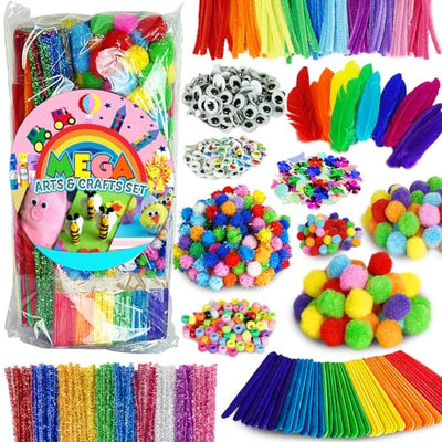 FUNZBO Arts and Crafts Supplies for Kids - 1200+ pcs Craft Supplies, Christmas Gifts for Kids, Craft Kits with Pipe Cleaners, Pom Poms for Crafts &