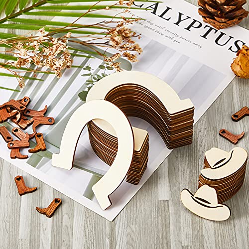 72 Pieces Unfinished Cowboy Wooden Cutouts Horseshoe Shape Wood Discs Slices Wood Cowboy Boot Hat Cutouts Wood Cowboy Theme Crafts for Western Cowboy Chinco