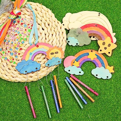 TREACLUB 12 Pack DIY Wind Chime Kits for Kids, Make Your Own Rainow Wind Chime DIY Coloring Star Moon Sun Make A Wind Chime Kits Wooden Arts and TREACLUB