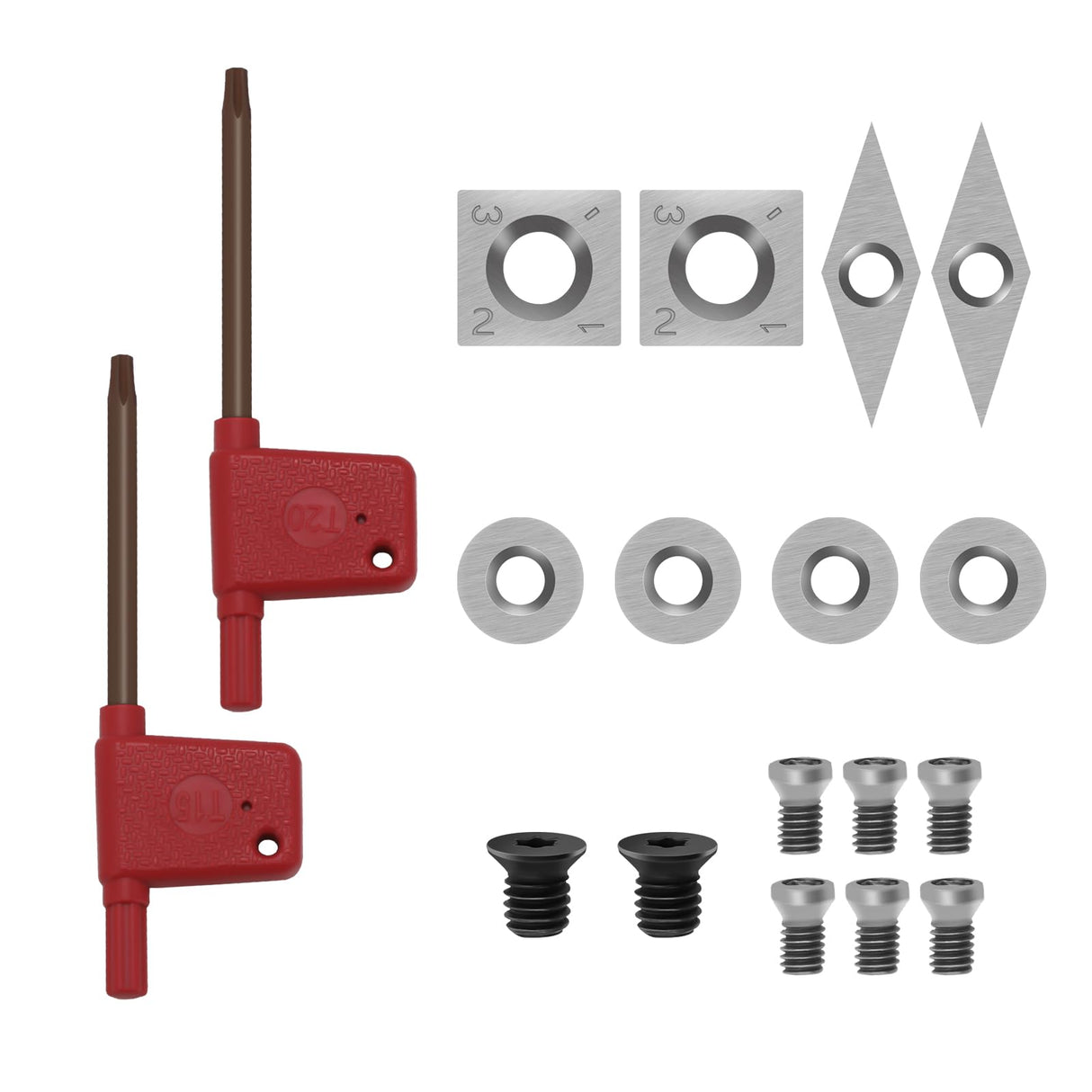 IMOTECHOM 8-Pieces Carbide Cutters Inserts Set with 4pcs Screws and Hex Key for Wood Lathe Turning Tools (14mm Square, 12mm and 12mm Round, 31x10mm IMOTECHOM