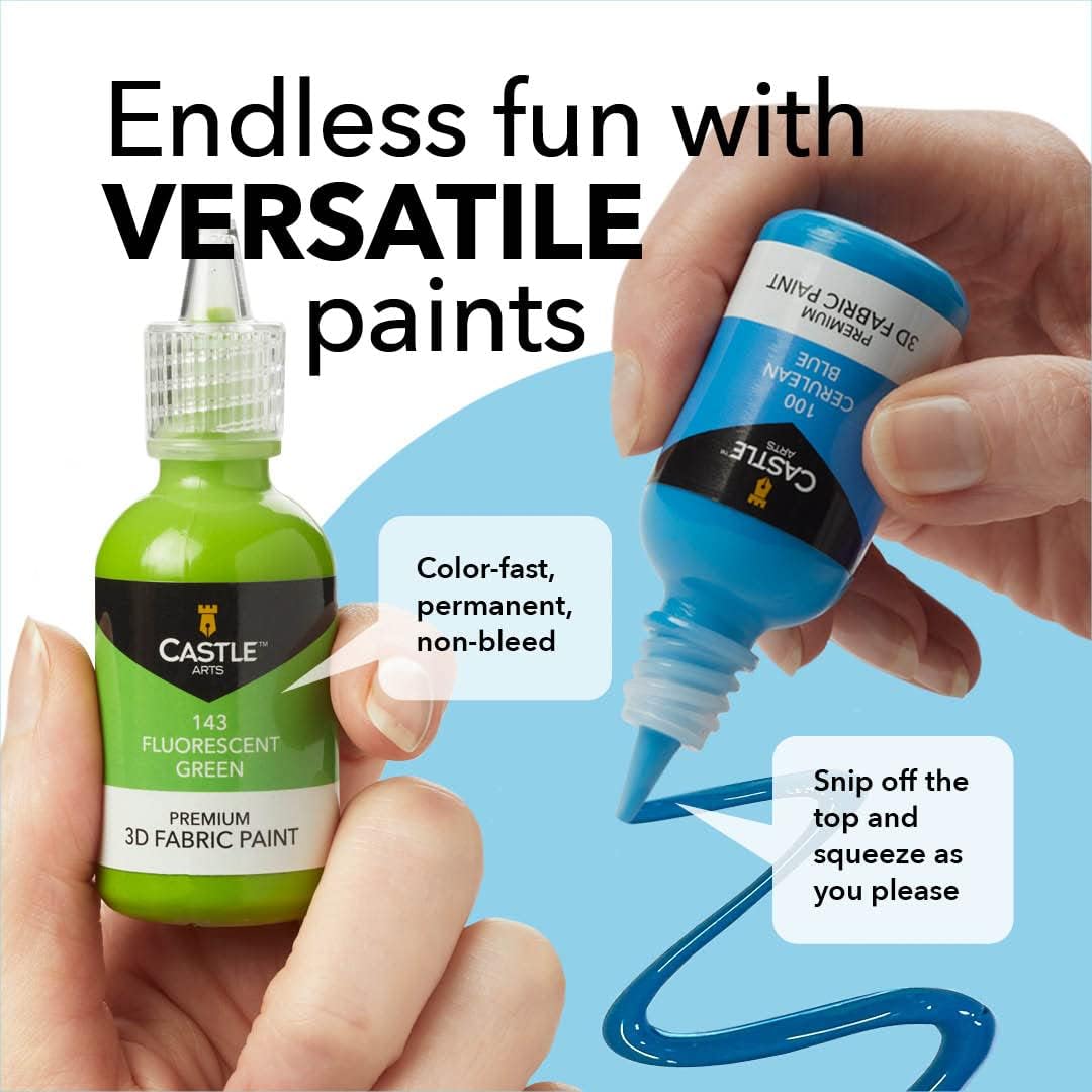 Castle Art Supplies 3D Fabric Paint Set | 24 Quality Vibrant Colors in 29ml Bottles | For Artists; For Crafters; For Fun | Clothing, Textile, Canvas, Castle Art Supplies