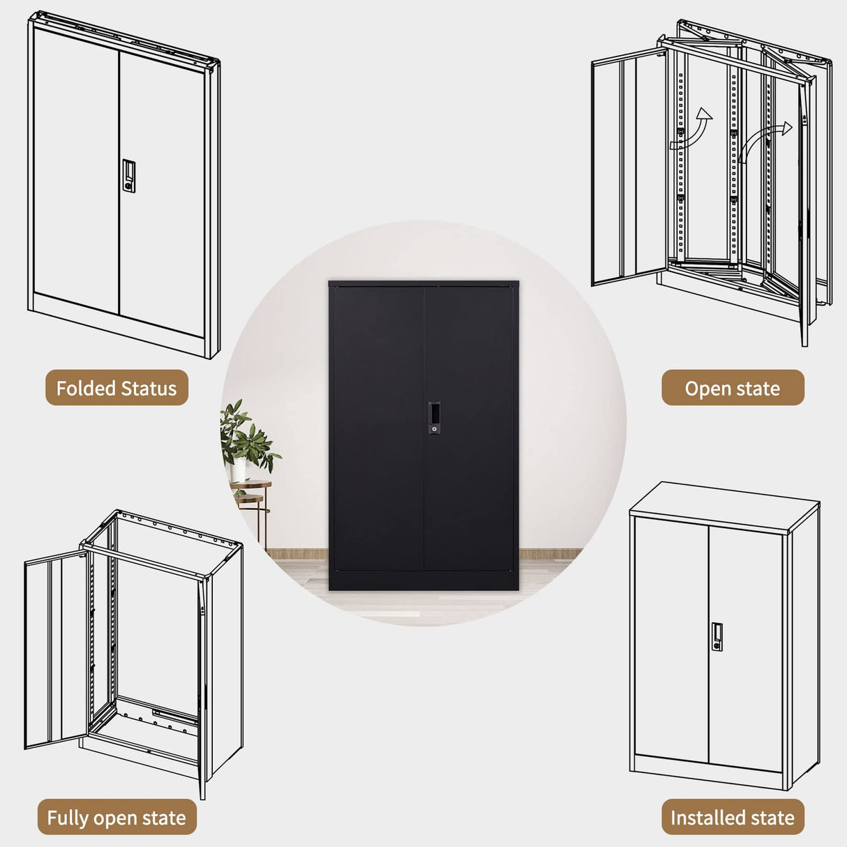 Neylory Metal Storage Cabinet with Locking Doors, Lockable Steel Storage Cabinet with 2 Doors and Shelves, Black Metal Cabinet with Lock, Small Steel Neylory