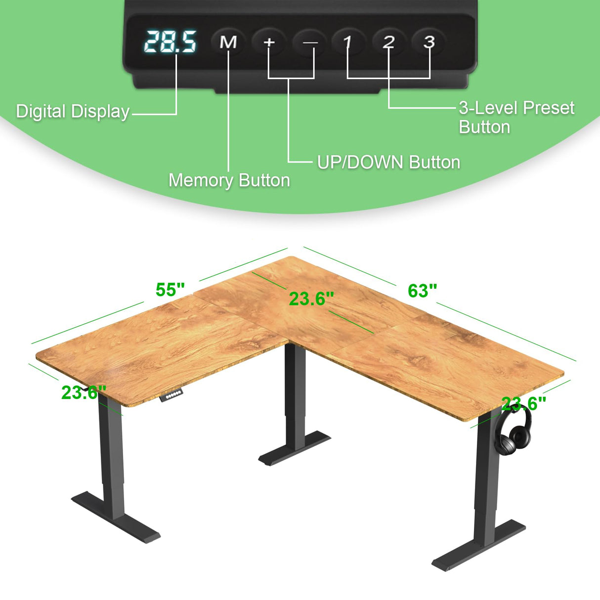 ExaDesk Upgrade Version 63 * 55 inch L Shaped Electric Adjustable Height Standing Desk, Corner Stand Up Desk, Sit Stand Computer L Desk for Gaming ExaDesk