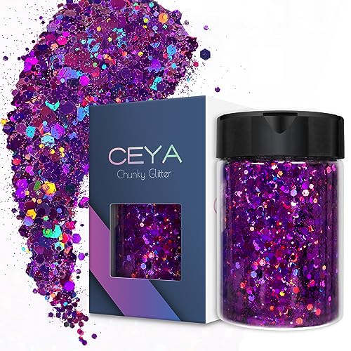 Ceya Holographic Chunky Glitter, 4.2oz/ 120g Purple Craft Glitter Powder Mixed Chunky & Fine Flakes Iridescent Nail Sequins for Nail Art, Hair, Epoxy ceya