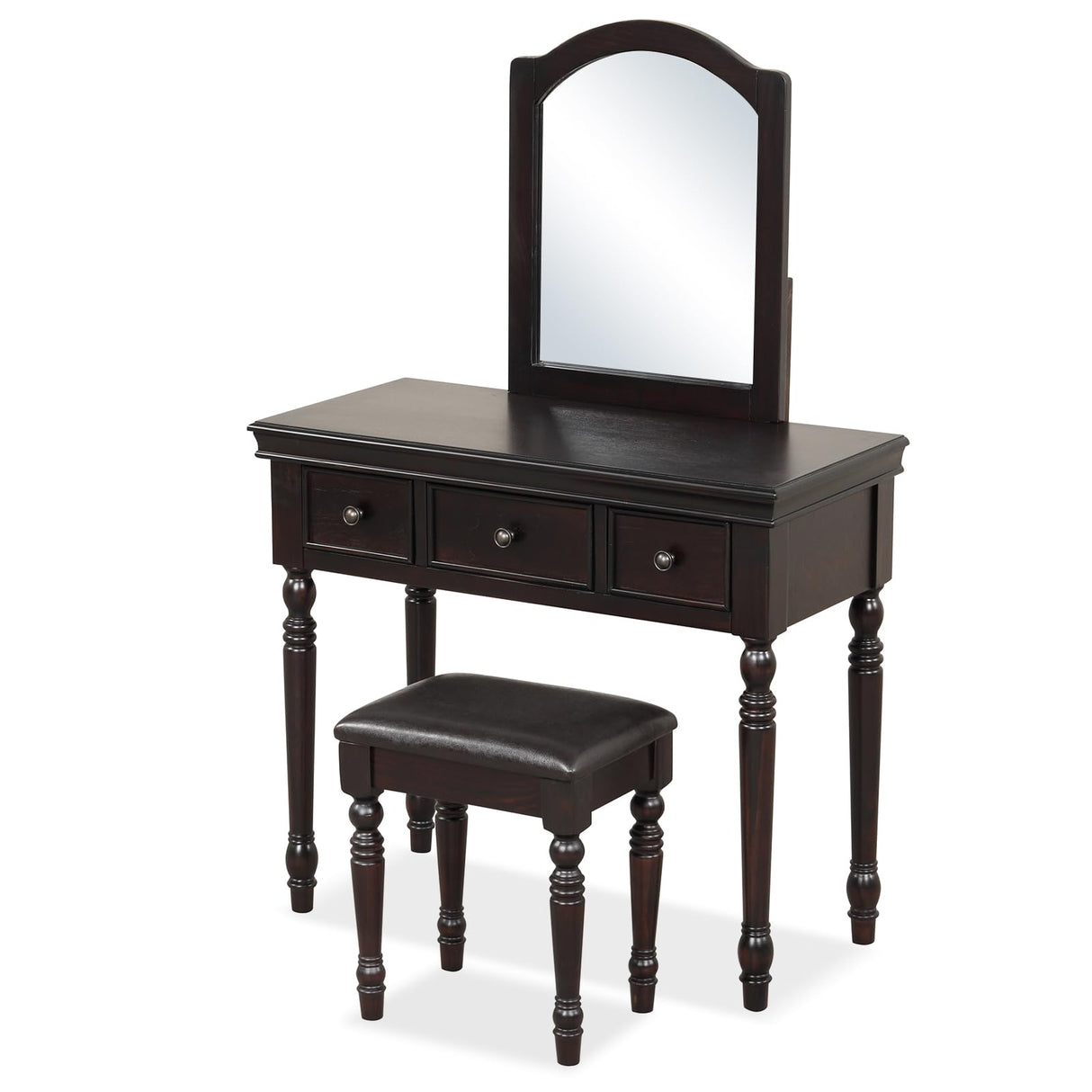 CHARMAID Makeup Vanity Desk with Mirror and Stool, 34'' Wide Vanity Table Set with Large Mirror, 3 Drawers, Cushioned Stool, Solid Wood Legs, Bedroom CHARMAID
