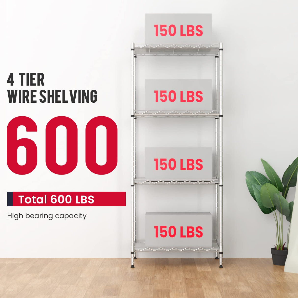 BestOffice 4-Shelf Adjustable Storage Shelving Unit Metal Rack Wire Shelf 600Lbs Capacity with 4 PP Sheets 18L x 12W x 44H for Laundry Bathroom BestOffice