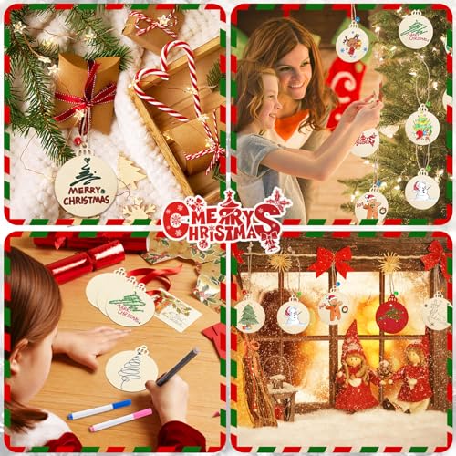 50pcs Christmas Round Wooden Ornaments DIY Unfinished Wood Slices Predrilled Wood Round Circles Blank Discs Hanging Festive Craft Decoration DECYOOL