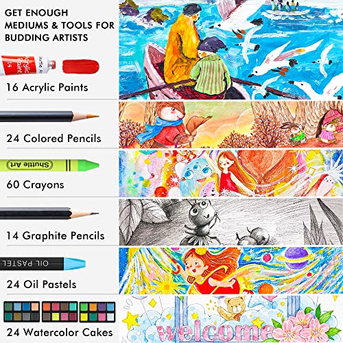 Shuttle Art 186 Piece Deluxe Art Set, Art Supplies in Wooden Case, Painting Drawing Art Kit with Acrylic Paint Pencils Oil Pastels Watercolor Cakes Shuttle Art