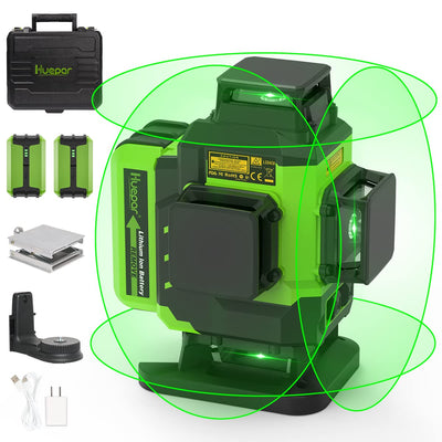 Huepar 4x360 Laser Level Self-leveling 16 Lines Green Beam 4D Cross Line Tiling Floor Tool-2 x 360 Horizontal & 2 x 360 Vertical Laser Lines with Two