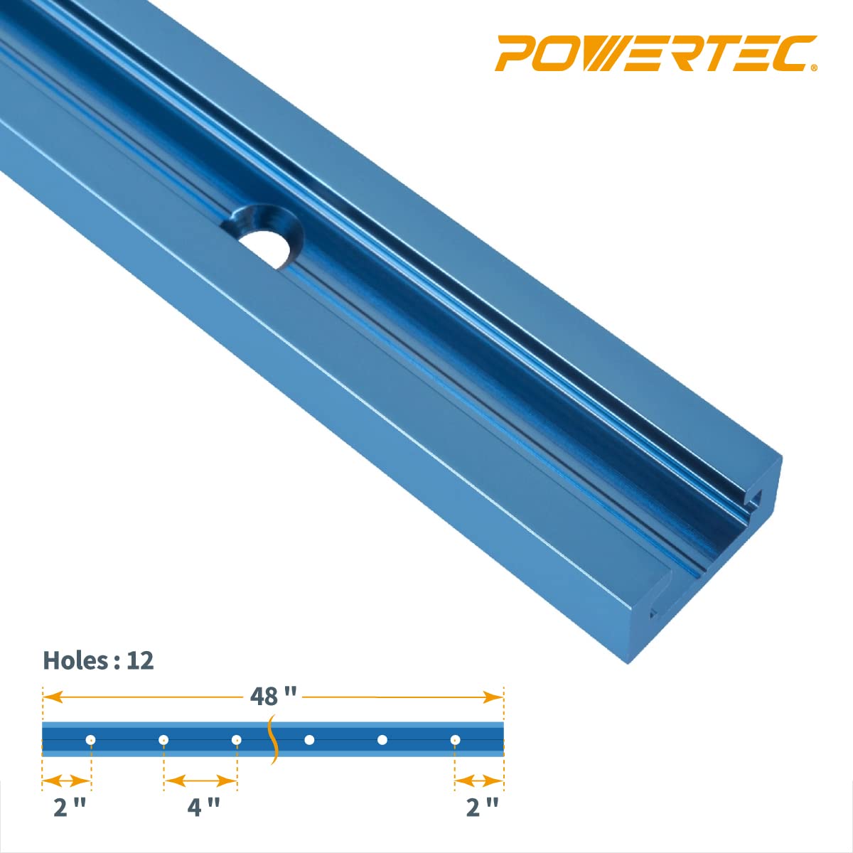 POWERTEC 71067V 48 Inch Double-Cut Profile Universal T-Track with Predrilled Mounting Holes, 1PK, Aluminum T Track for Woodworking Jigs and Fixtures, POWERTEC