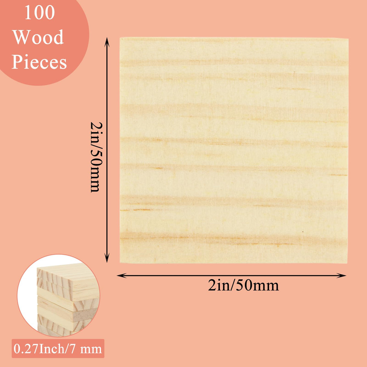 WOPPLXY 100 Pcs 2 X 2 Inch Wooden Squares for Crafts, 0.27 Inch Thick Natural Blank Square Blocks, Unfinished Wood Blocks, Blank Wood Wooden Tiles WOPPLXY