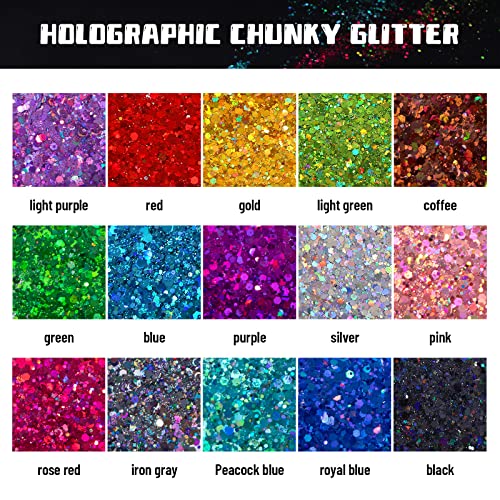 HTVRONT Holographic Chunky Glitter for Resin - 15 Colors Holographic, 150g/5.3oz Craft Glitter Set, Chunky Glitter for Tumblers, Craft, Body, Face, HTVRONT