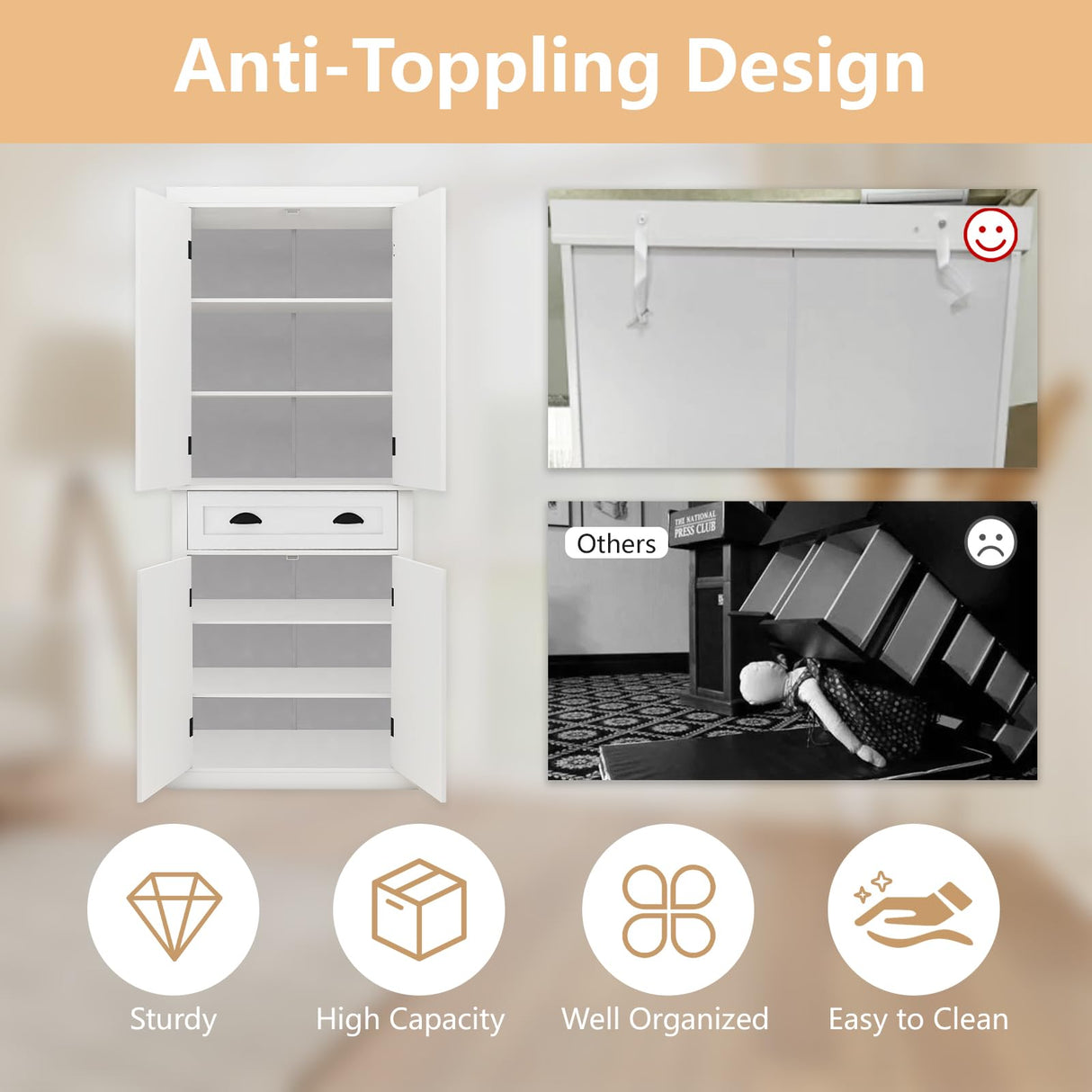 GOAWGO 72" White Freestanding Kitchen Pantry Cabinet with Adjustable Shelves and Drawer GOAWGO