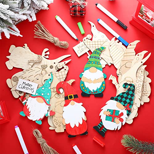 Macarrie 48 Pcs Christmas Wood Gnome Cutouts Blank Unfinished Wooden Gnome Hanging Ornaments Elf Paintable Christmas Ornaments with Rope for DIY Macarrie