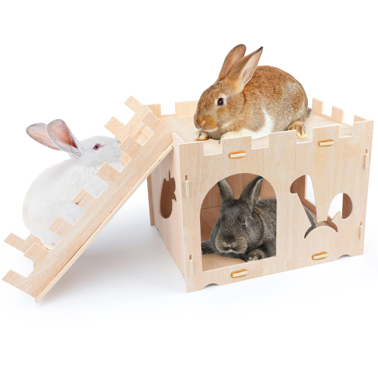 BWOGUE Extra Large Wooden Rabbit Castle Bunny House and Hideouts Detachable Small Animal Play Hideaway Hut for Indoor Adult Rabbit Guinea Pig BWOGUE