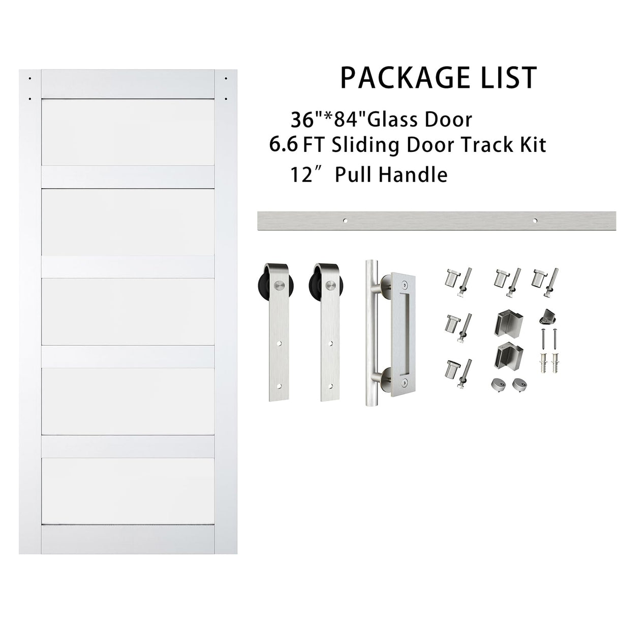 BARNSMITH 36in x 84in Glass Barn Door with 6.6FT Brushed Nickle Sliding Door Hardware Kit Included & Handle,5-Panel Frosted Glass Solid Wood BARNSMITH