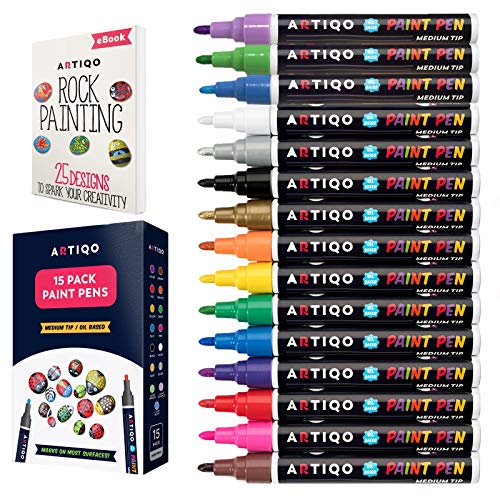 Paint pens for Rock Painting - Wood, Glass, Metal and Ceramic Works on Almost All Surfaces Set of 15 Vibrant Medium tip Oil Paint Marker Pens, Quick ARTIQO