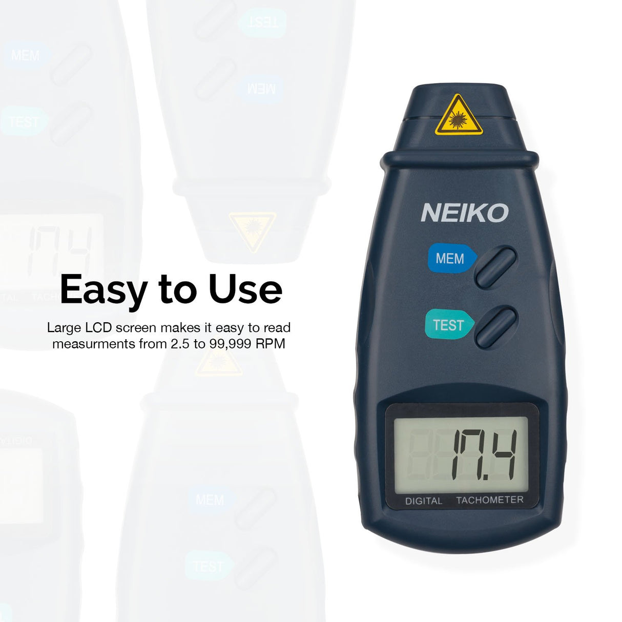 NEIKO 20713A Digital Tachometer, Noncontact Laser Photo Sensor with 2.5 to 99,999 RPM Accuracy, RPM Gauge Marker with Batteries Included NEIKO