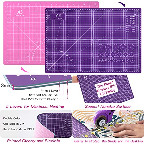 Nicecho Rotary Cutter Set,Sewing Quilting Supplies,45mm Fabric Cutters,A3 Cutting Mat for Sewing,Acrylic Rulers,Scissors,Exacto Knife,Clips,Beginners Nicecho