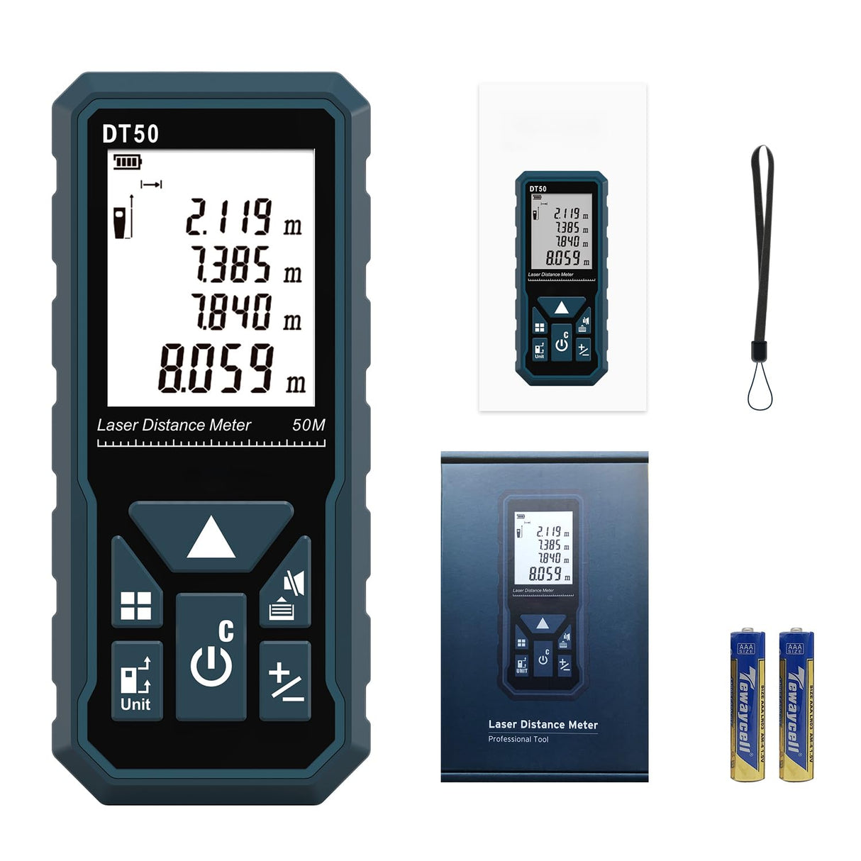 Laser Measure 165ft DT50 Laser Distance Meter 50M, Portable Handle Digital Measure Tool Range Finder, Larger Backlit LCD 4 Line Display IP54 DTAPE