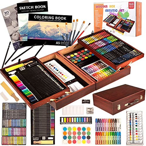 KINSPORY 168-Pack Art Supplies, Deluxe Wooden Art Set Crafts Drawing Painting Coloring Kit, Coloring Book, Sketch Pads Creative Gift Box for Artist KINSPORY