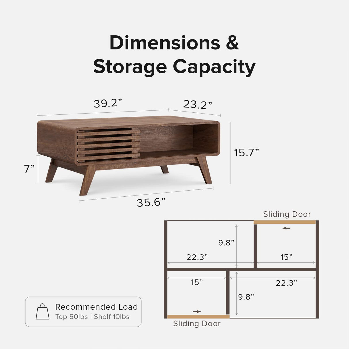 Mopio Ensley Mid Century Modern Rectangle Coffee Table with Dual Storage Shelf, Wood Slat Sliding Door, & Rounded Edge Protection for Living Room, mopio