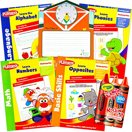 Kindergarten Learning Workbooks Set - Bundle with 5 Activity Work Books for Kindergartners with Crayola Reward Stickers (Alphabet, Numbers, Shapes, Crenstone