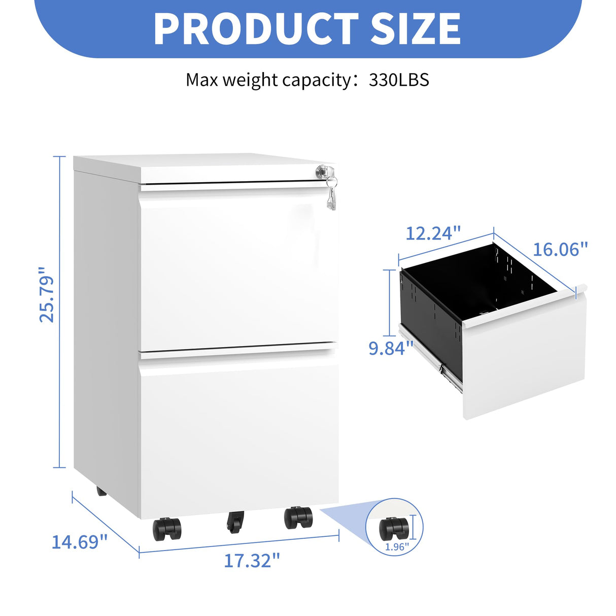 DARTIIA File Cabinet 2 Drawer with Lock No Assembly Required Lateral Office Storage Cabinet Metal Filing Cabinet for Home Office Mobile Rolling File DARTIIA