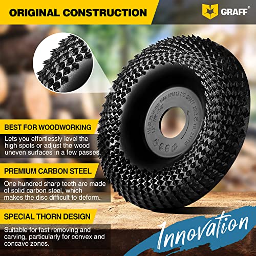 GRAFF Premium Wood Carving Disc 4 1/2 Inch for Angle Grinder - Shaping and Grinding Wheel for Wood, Drywall, Chipboard, Plastic - Woodworking Angle GRAFF