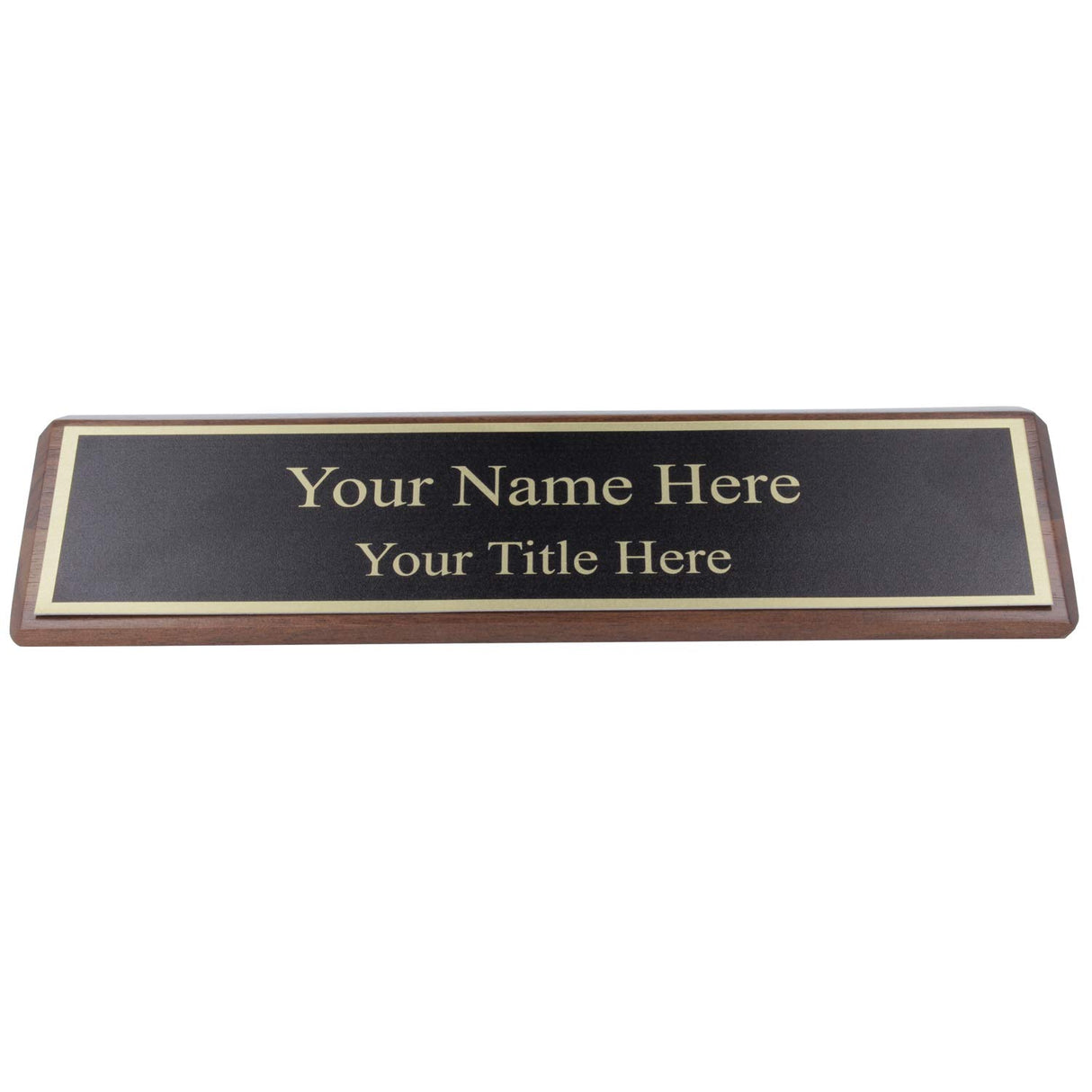 Personalized Walnut Wood Business Desk Black Name Plate with Gold Letters - 2" x 8" ExcelMark