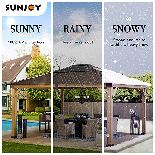 Sunjoy Hardtop Gazebo 13 x 15 ft. Standard Cedar Framed Wood Gazebo with Brown Steel and Polycarbonate Hip Roof Hardtop for Garden, Backyard Shade, Sunjoy