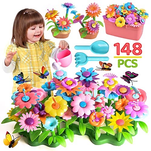 FUN LITTLE TOYS 148PCS Flower Garden Building Toys, Gardening Pretend Play Set, Educational Preschool Activity Kit Stem Toys Stacking Game for Girls FUN LITTLE TOYS