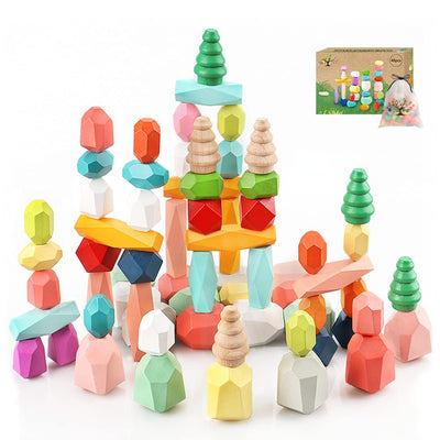 48PCS Wooden Stacking Building Blocks Montessori Toys for 1 2 3 4 5 6 Year Old Girls Boys Preschool Educational Sensory Toys for Toddlers 1-3 STEM