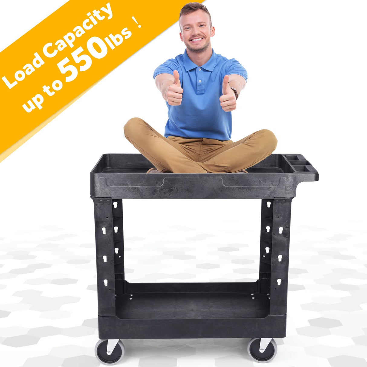 ELAFROS Heavy Duty Plastic Utility Cart 34 x 17 Inch - Work Cart Tub Storage W/Deep Shelves and Full Swivel Wheels Safely Holds up to 550 lbs - 2 ELAFROS