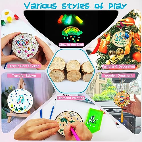 Wooden Crafts Kit for Kids - Glow in The Dark - Arts & Crafts Gifts for Boys Girls Age 6-12, 24 Wood Slices with Diamond Painting Craft Activities KIRKOTOY