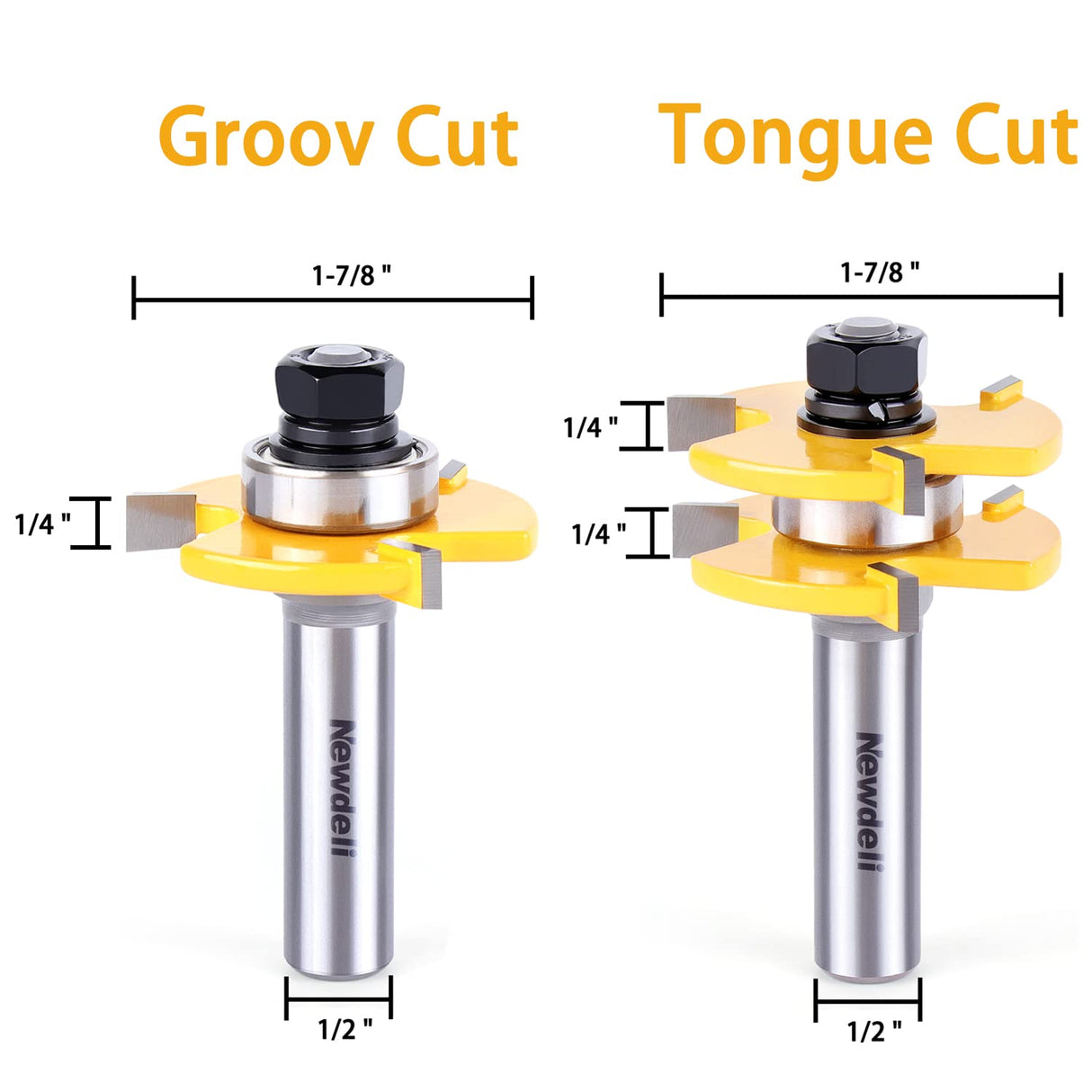 Tongue and Groove Router Bit Set 1/2 Inch Shank,Newdeli 3 Teeth Adjustable T Shape Wood Milling Cutter, Tongue Groove Router Bits Newdeli