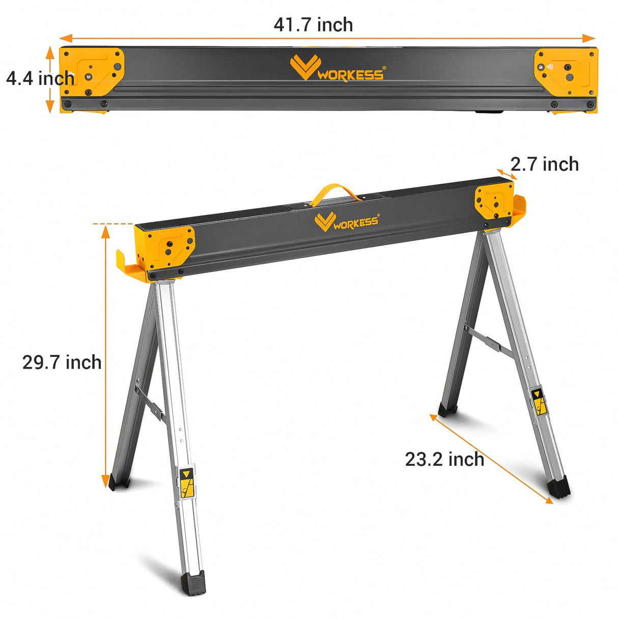 WORKESS Saw Horses 2 Pack Folding, Heavy Duty Sawhorse Table 2600 Lbs Load Capacity with 2x4 Support Legs, Portable Folding and Fast Open Legs and WORKESS