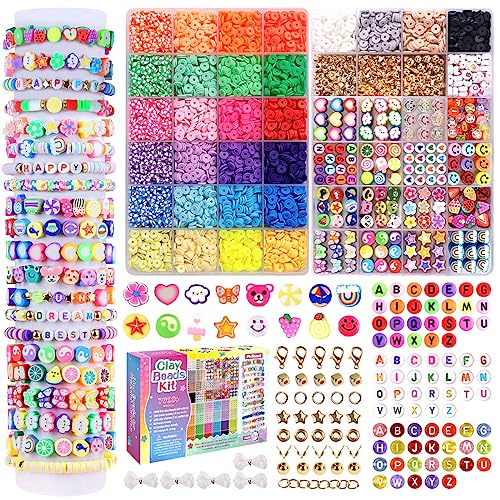 Meland Clay Beads Bracelet Making Kit - 7905Pcs Jewelry Making Kit with 28 Colors Flat Polymer Beads, Smile Face & Large Charm Beads, Craft Kit for Meland