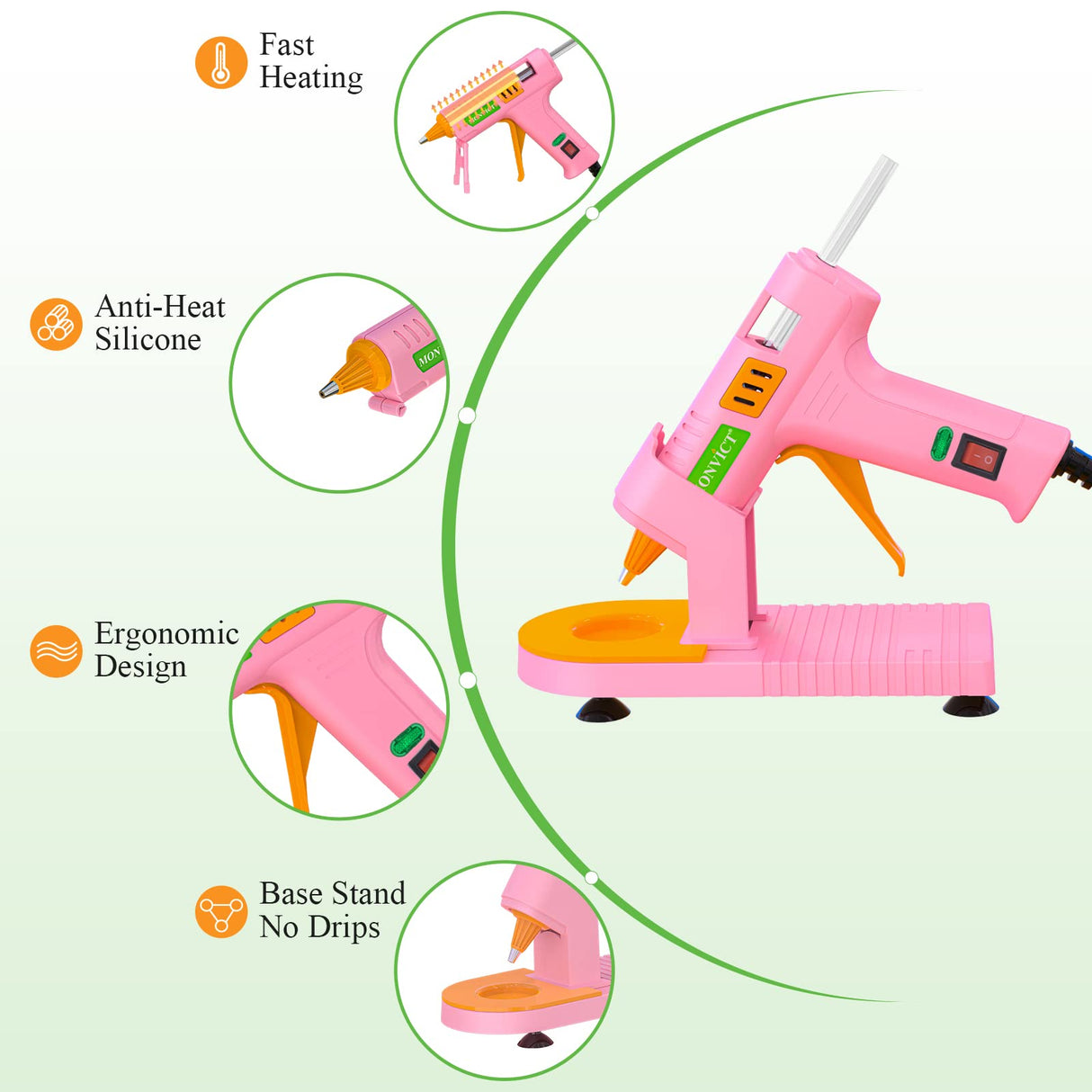MONVICT Pink Hot Glue Gun Kit, Mini Glue Gun with Suction Cups Stand Anti Stick Silicone Mat, Hot Melt Glue Gun with Fine Tip & 30 Glue Sticks, MONVICT