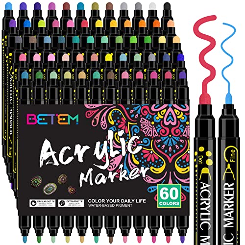 Betem 60 Colors Dual Tip Acrylic Paint Pens Markers, Premium Acrylic Paint Pens for Wood, Canvas, Stone, Rock Painting, Glass, Ceramic Surfaces, DIY Betem