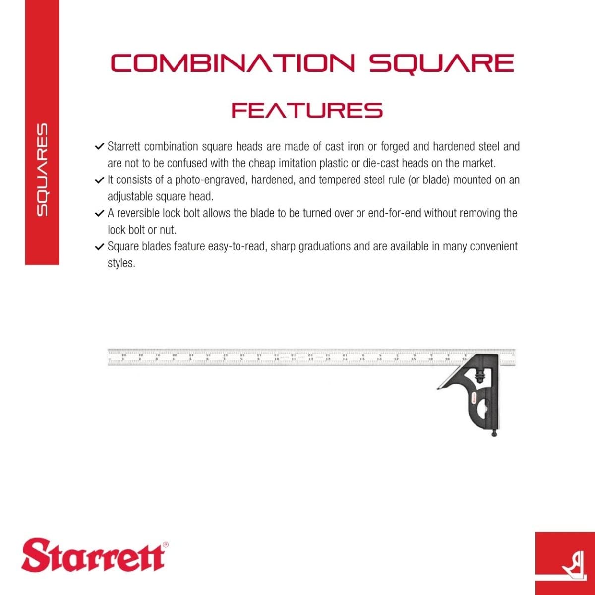 Starrett Steel Combination Square with Square Head - 24" Blade Length, Cast Iron Head, Hardened Steel, Reversible Lock Bolt, Scriber, 4R Graduation Starrett