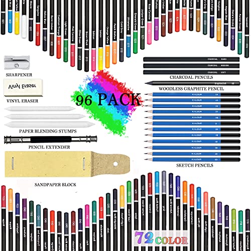 Kalour 96 Pack Drawing Set Sketching Kit,include 72 Colored Pencils and 24 Sketch Kit with Sketch Book,Art Supplies for Drawing,Sketching and KALOUR