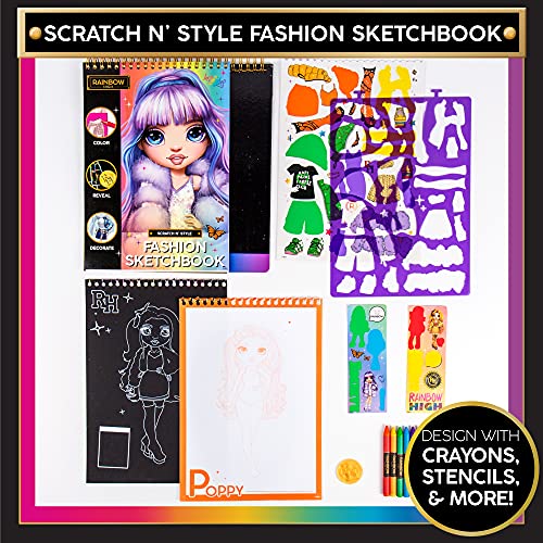 Horizon Group USA Rainbow High Scratch ‘n Style Fashion Sketchbook, Scratch Art, Coloring Book, Includes Stencils, Crayons, Scratch Art Stickers & Horizon Group USA