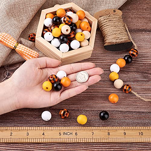 Craftdady 120pcs Natural Wood Beads 16mm Smooth Printed Wooden Loose Beads Unfinished Round Beads with Jute Twine Plaid Ribbon for DIY Jewelry Crafts Craftdady