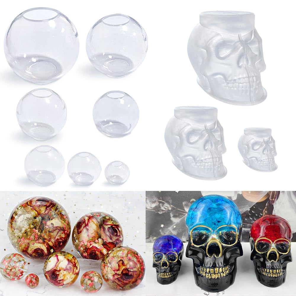 RESINWORLD Set of Large + Medium + Small 3D Skull Resin Molds + Set of 4", 3", 2.5", 2", 1.7", 1.3", 0.9" Clear Silicone Sphere Molds ResinWorld