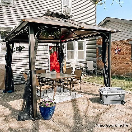 Sunjoy Hardtop Gazebo 10 x 12 ft. Outdoor Gazebo, Heavy Duty Steel Frame Gazebo, Double Tiered Metal Gazebo with Ceiling Hook and Mesh Netting, Brown Sunjoy