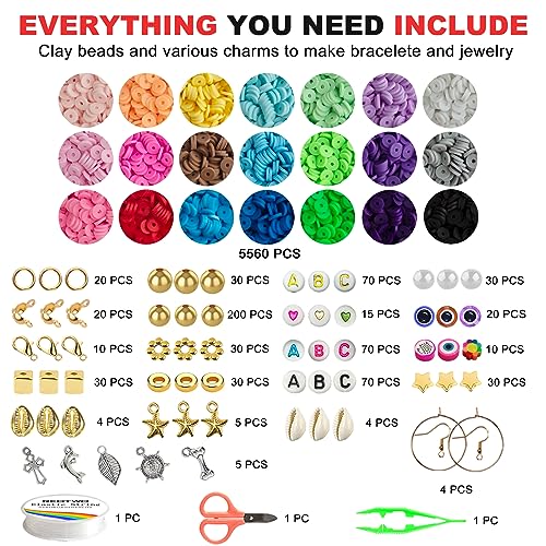 Redtwo 6200 Pcs Clay Beads Bracelet Making Kit, Flat Round Polymer Heishi Friendship Bracelet Jewelry Kit with Charms and Elastic Strings for Girls Redtwo